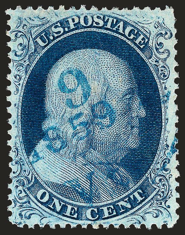 1c Blue, Ty. IIIa (22).> Rich Plate 4 color on bright paper, neat strike of 1859 <blue> Va. circular datestamp struck in an unusual and distinctive shade, insignificant surface scrape at bottom, otherwise Very
Fine, with 2002 P.F. certificate