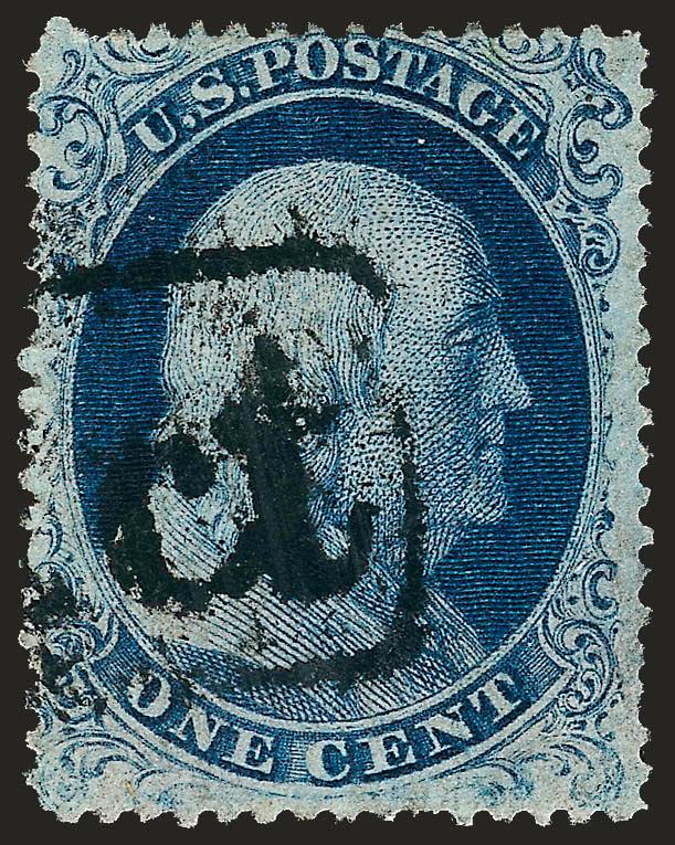 1c Blue, Ty. IIIa (22).> Deep rich Plate 4 color, bold strike of <boxed 1ct.> cancel from St. Louis, Very Fine and choice, scarce with the carrier cancel, with 2004 P.F. certificate