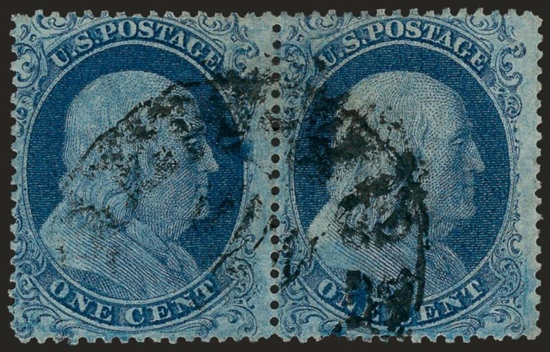 1c Blue, Ty. I (18).> Positions 25-26R12, horizontal pair, deep rich color, bold strike of town circular datestamp, Very Fine, ex Ishikawa, with 1986 P.F. certificate