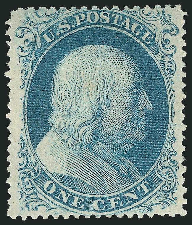 1c Blue, Ty. II (20).> Original gum, lightly hinged, deep rich color, unusually wide margins<><>^EXTREMELY FINE. A GORGEOUS ORIGINAL-GUM EXAMPLE OF THE ONE-CENT 1857 TYPE II.^<><>With 1999 P.F.
certificate