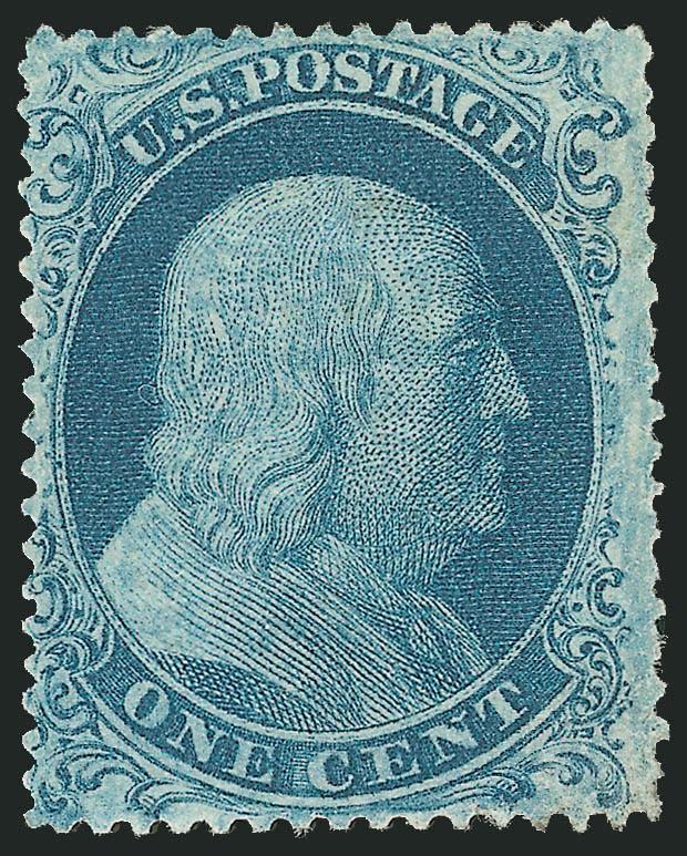 1c Blue, Ty. IIIa (22).> Original gum, rich color from Plate 12, wide margins<><>^VERY FINE. A WIDE-MARGINED ORIGINAL-GUM EXAMPLE OF THE PERFORATED 1857 ONE-CENT TYPE IIIA.^<><>With 2002 P.S.E. and 2004 P.F.
certificates.
