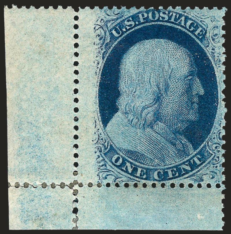 1c Blue, Ty. V (24).> Original gum, h.r., <bottom left corner selvage,> deep rich color, few perfs at bottom left sensibly reinforced, Very Fine, a desirable corner margin single