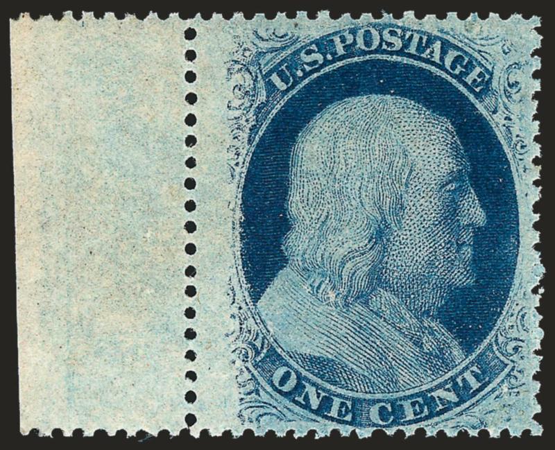 1c Blue, Ty. V (24).> Original gum, barest trace of hinging, <selvage at left,> rich color, Very Fine and choice, a pretty stamp
