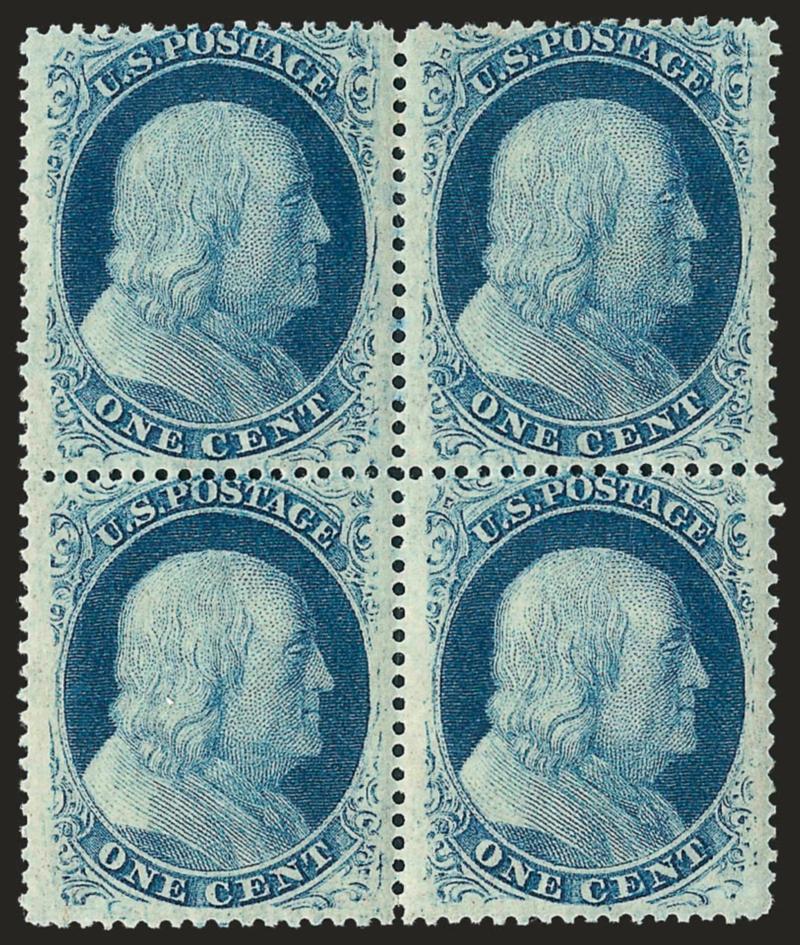 1c Blue, Ty. V (24).> Block of four, original gum, bright color, well-balanced margins, Very Fine and choice, an attractive block