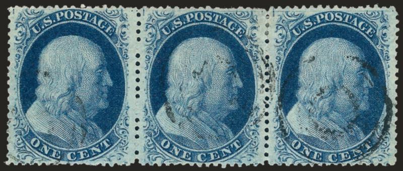 1c Blue, Ty. V (24).> Positions 7-9L8, horizontal strip of three, rich color, unusually choice centering, lightly cancelled by targets, left stamp single short perf at top, otherwise Extremely Fine
