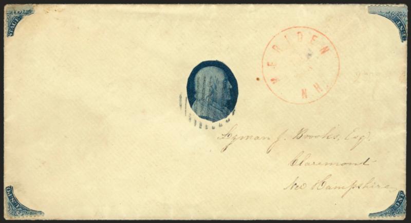 1c Blue, Ty. V (24).> Portrait trimmed and placed at center of cover and with corners of the same stamp placed at each corner of the cover, the portrait tied by open grid (accompanying certificate says blue grid
but we think its black), red Meriden