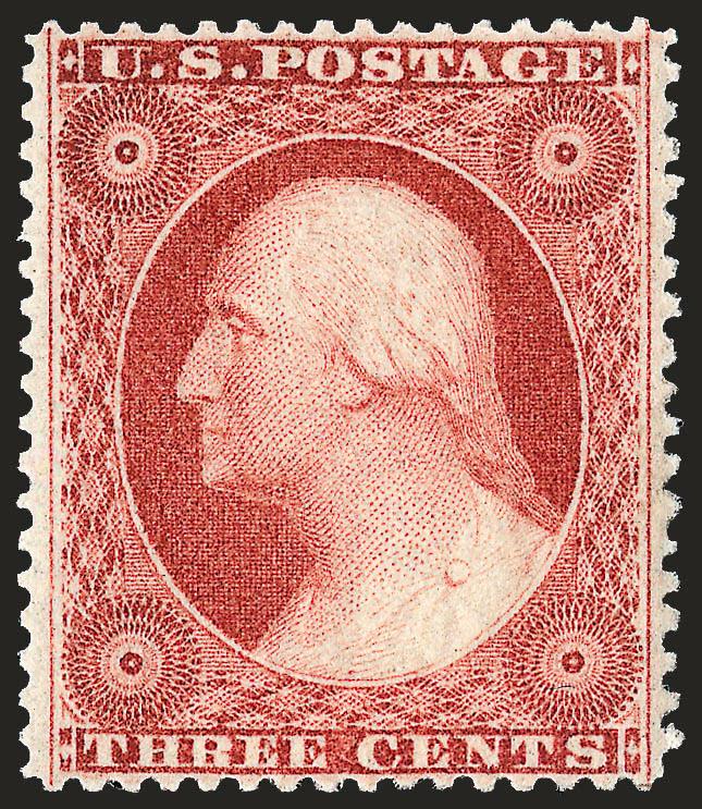 3c Dull Red, Ty. III (26).> Original gum, barely hinged, brilliant color, unusually choice centering for this difficult issue, Extremely Fine, a superb stamp in every respect, with 1992 and 2004 P.F.
certificates