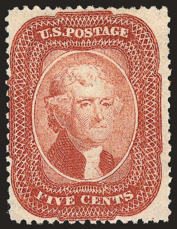 5c Brick Red (27).> Part original gum which covers most of the back but which is harshly described on accompanying certificate as traces of gum, lovely brilliant color in the distinctive Brick Red shade, perfs
touch but almost all unused examples o