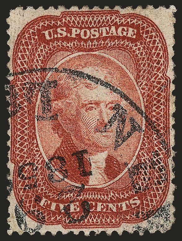 5c Brick Red (27).> Brilliant color in this unmistakable shade, neat strike of New Orleans circular datestamp, few flaws, appears Very Fine