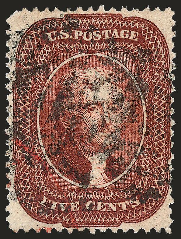 5c Bright Red Brown (28b).> Fresh color, choice centering with well-proportioned margins, indistinct strike of circular datestamp and also with part of red transit cancel, Very Fine and choice example of this
often difficult-to-find shade, with 1991