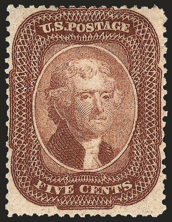 5c Brown (29).> Original gum, lightly hinged, radiant color, crisp impression, insignificant nibbed perf at left<><>^A FINE ORIGINAL-GUM EXAMPLE OF THE 1857 5-CENT TYPE I BROWN.^<><>With 1989 P.F.
certificate