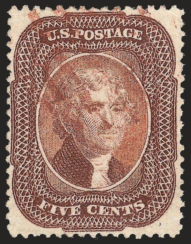 5c Brown (29).> Brilliant color on crisp paper, light strike of <red grid> cancel, well-balanced margins, light corner crease at top right not mentioned on accompanying certificate, Very Fine appearance, with
1989 P.F. certificate