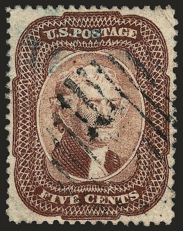 5c Brown (29).> Rich color, detailed impression, neat strike of open grid and also <blue> cancel at upper left, faint corner crease at top right, Very Fine appearance