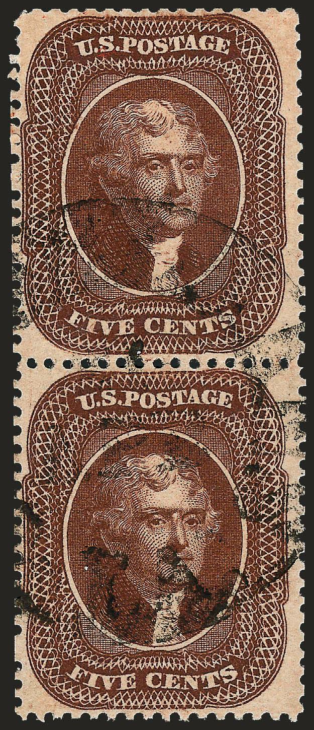 5c Brown, Ty. II (30A).> Vertical pair, deep rich color, neat strike of New Orleans circular datestamp, choice centering, fresh and Very Fine, with 1999 P.F. certificate