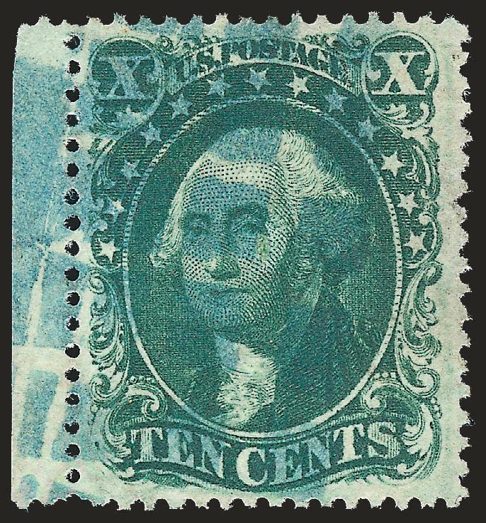 10c Green, Ty. II (32).> Deep rich color, well-centered with <sheet margin> at left, extraordinarily wide margins for this stamp, <large blue segmented cork cancel> of Marysville Cal., Extremely Fine, with 2000
P.F. certificate