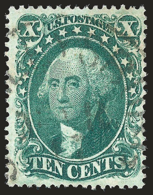 10c Green, Ty. II (32).> Bright color on crisp paper, wide margins, unobtrusive strike of circular datestamp, Very Fine and choice