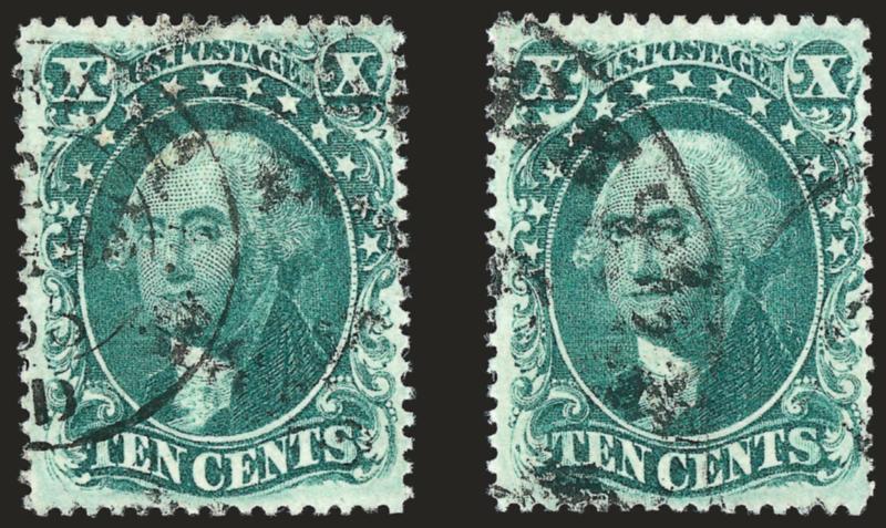 10c Green, Ty. III (33).> Two singles which originally formed a horizontal pair, bright shade, neat strike of circular datestamp and also <French transit> cancel, Very Fine and choice, with 1991 P.F. certificate
as pair, Scott Retail as singles with