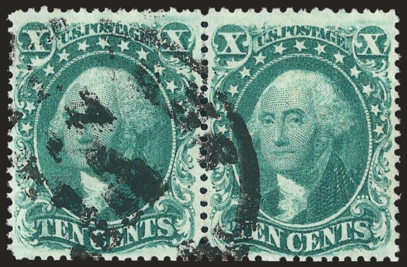 10c Green, Ty. III (33).> Horizontal pair, bright shade, bold strike of circular datestamp, Very Fine and choice, an attractive pair, with 1996 P.F. certificate