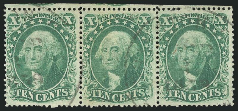 10c Green, Ty. III (33).> Horizontal strip of three, choice centering, intact perfs at top, light strikes of town datestamp, right stamp small corner crease at bottom right, Very Fine appearance, with 2002 P.F.
certificate