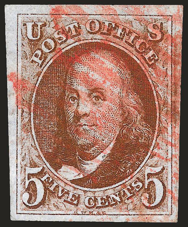 5c Orange Brown (1b).> Large to huge margins all around, intense shade and early impression, red New York square grid cancel<><>^EXTREMELY FINE. A WONDERFUL LARGE-MARGINED EXAMPLE OF THE 5-CENT 1847 ORANGE
BROWN.^<><>With 1997 P.F. certificate