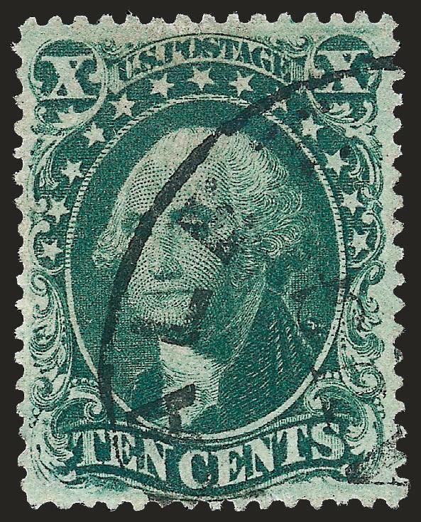 10c Green, Ty. IV (34).> Position 64L1, <recut at top and bottom,> pretty color, well-balanced margins, neat strike of circular datestamp<><>^VERY FINE AND CHOICE USED EXAMPLE OF THE 10-CENT 1857 TYPE IV FROM
POSITION 64L1. THIS IS THE ONLY POSITIO