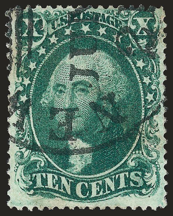 10c Green, Ty. IV (34).> Position 55L1, recut at bottom, deep rich color, neat strike of <New York Ocean Mail> circular datestamp with integral grid<><>^VERY FINE AND CHOICE EXAMPLE OF THE PERFORATED 1857
10-CENT TYPE IV.^<><>With 2005 P.F. certi