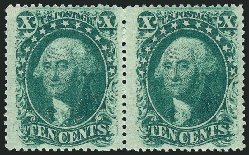 10c Green, Ty. V (35).> Horizontal pair, original gum, lightly hinged, deep dark shade, Very Fine and choice, with 1996 P.F. certificate