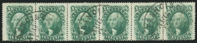 10c Green, Ty. V (35).> Positions 81-86L2, horizontal strip of six, bright shade, neat strikes of San Francisco Aug. 21 circular datestamps, few sensibly reinforced perf separations, appears Fine, scarce
multiple, Scott Retail as three pairs