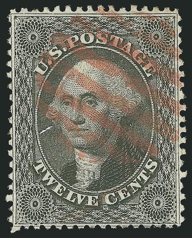 12c Black (36).> Dark shade and detailed impression on bright paper, <red grid> cancel, Very Fine, a stamp of great visual appeal