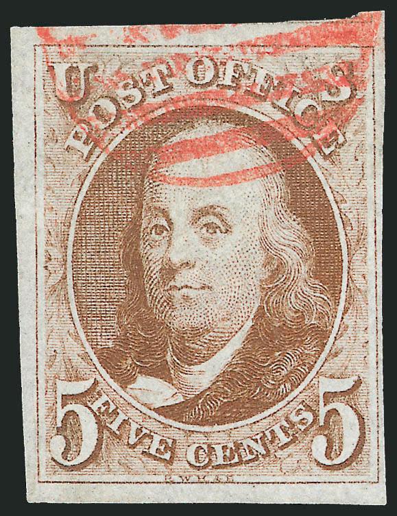 5c Orange Brown (1b).> Full to huge margins including part of adjoining stamp at top, deep rich color and proof-like impression, well-struck red grid cancel at top leaves portrait clearly visible, Very Fine and
choice, a remarkably fresh stamp, ex Ro