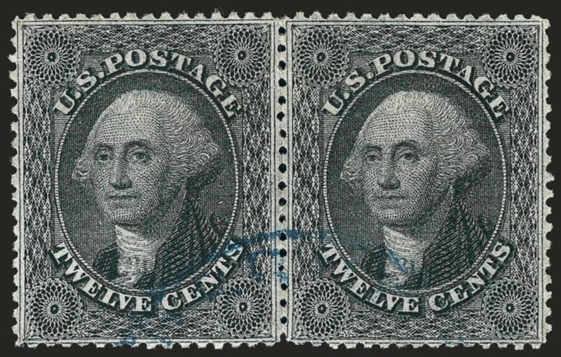 12c Black (36).> Horizontal pair, bright shade and detailed impression, light strike of <blue circular datestamp> at bottom leaves entire design clearly visible, choice centering, Extremely Fine, a beautiful
pair, with 1984 P.F. certificate