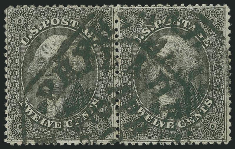 12c Black (36).> Horizontal pair, two bold Philadelphia octagonal datestamps, intense shade, Very Fine pair, with 1998 P.F. certificate