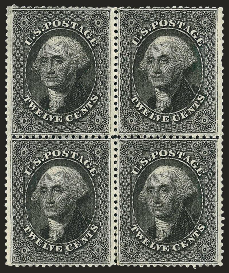 12c Black, Plate 3 (36b).> Block of four, original gum, lightly hinged, intense shade and proof-like impression, top right stamp puled perf at right, few rejoined perf separations at bottom<><>^VERY FINE
APPEARANCE. A SCARCE AND ATTRACTIVE ORIGINAL