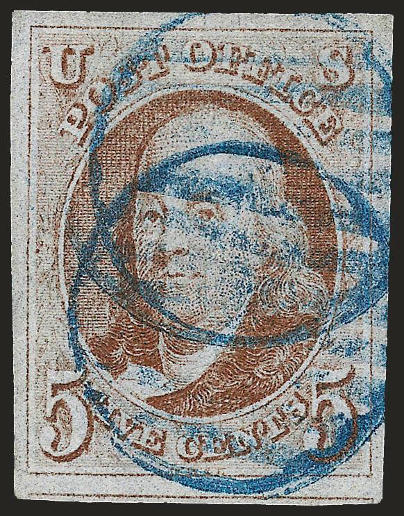5c Orange Brown (1b).> Large to huge margins incl. part of adjoining stamp at bottom, brilliant color nicely complemented by <blue grid> cancels, faint pressed-out crease at top not mentioned on accompanying
certificate Extremely Fine appearance, wit