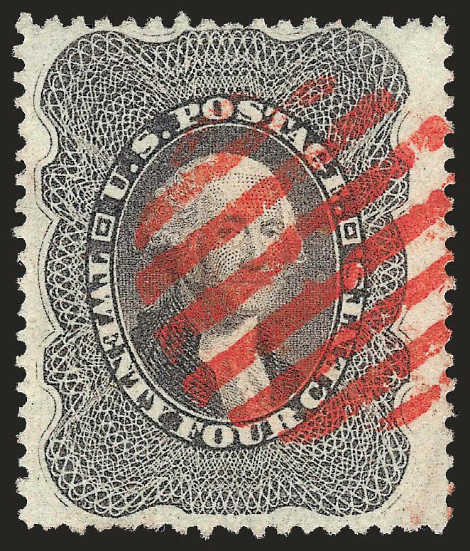 24c Gray Lilac (37).> Rich color nicely complemented by <red grid> cancel, wide margins, Very Fine and choice, a beautiful stamp