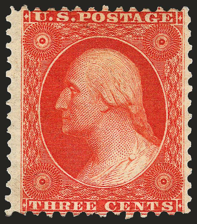 3c Scarlet, Reprint (41).> Without gum as issued, vivid color as fresh as the day it was printed, unusually wide margins at sides<><>^VERY FINE EXAMPLE OF THE 3-CENT 1857 ISSUE REPRINT.^<><>Only 479 sold. With
1998 P.F. certificate