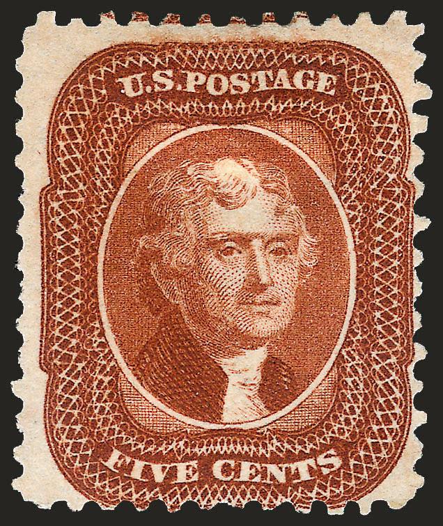 5c Orange Brown, Reprint (42).> Without gum as issued, rich color on bright paper, small thin spot at top left, Fine appearance, with 1998 P.F. certificate