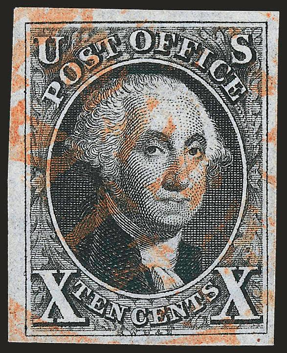 10c Black (2).> Large to huge margins, crisp shade and remarkably detailed impression, light strike of orange-red grid cancel<><>^EXTREMELY FINE. A BEAUTIFUL USED EXAMPLE OF THE 10-CENT 1847 ISSUE.^<><>With 1996
P.F. certificate