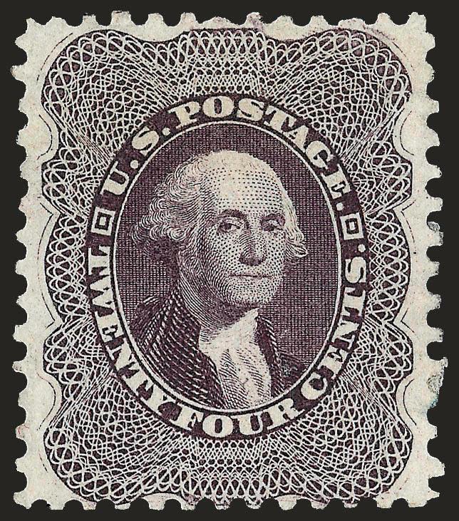 24c Blackish Violet, Reprint (45).> Without gum as issued, deep rich color and detailed impression, choice centering<><>^VERY FINE AND CHOICE EXAMPLE OF THE 24-CENT REPRINT OF THE 1857 ISSUE^<><>Only 479 sold.
With 1998 P.F. certificate
