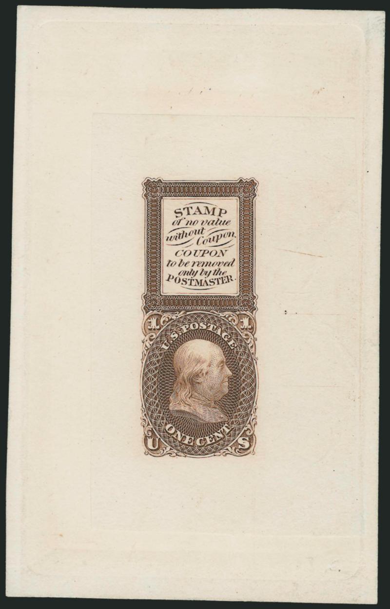 1c Brown, Bowlsby Patent Coupon, Die Essay on India (63-E13a).> Die sunk on 64 x 101mm card with full die sinkage, rich color, India slightly reduced, Very Fine, ex Lake Shore