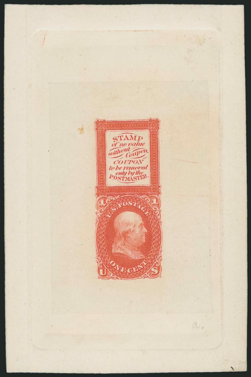 1c Orange, Bowlsby Patent Coupon, Die Essay on India (63-E13a).> Die sunk on 73 x 110mm with full die sinkage, brilliant color, fresh and Very Fine, ex Lake Shore
