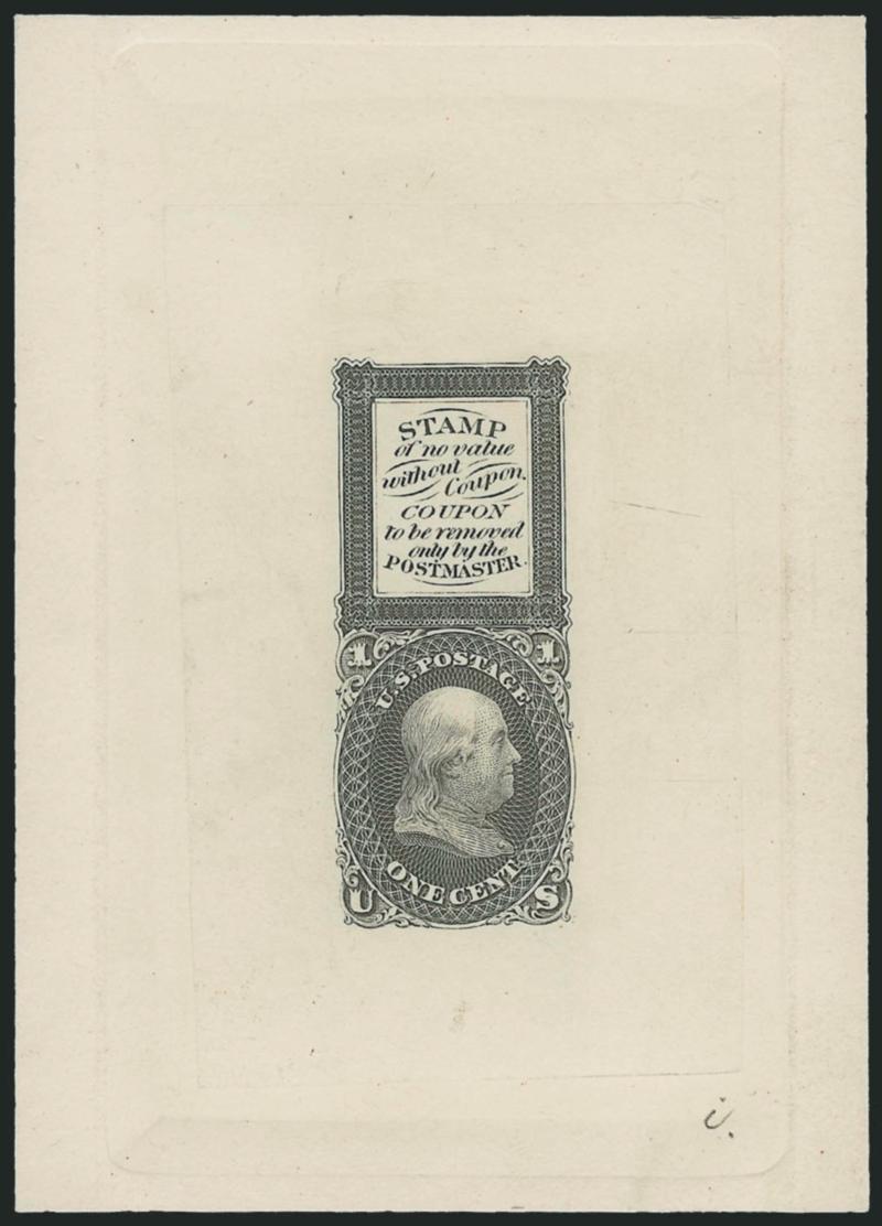 1c Gray, Bowlsby Patent Coupon, Die Essay on India (63-E13a).> Die sunk on 72 x 100mm card with full die sinkage, bright color, fresh and Very Fine, ex Lake Shore