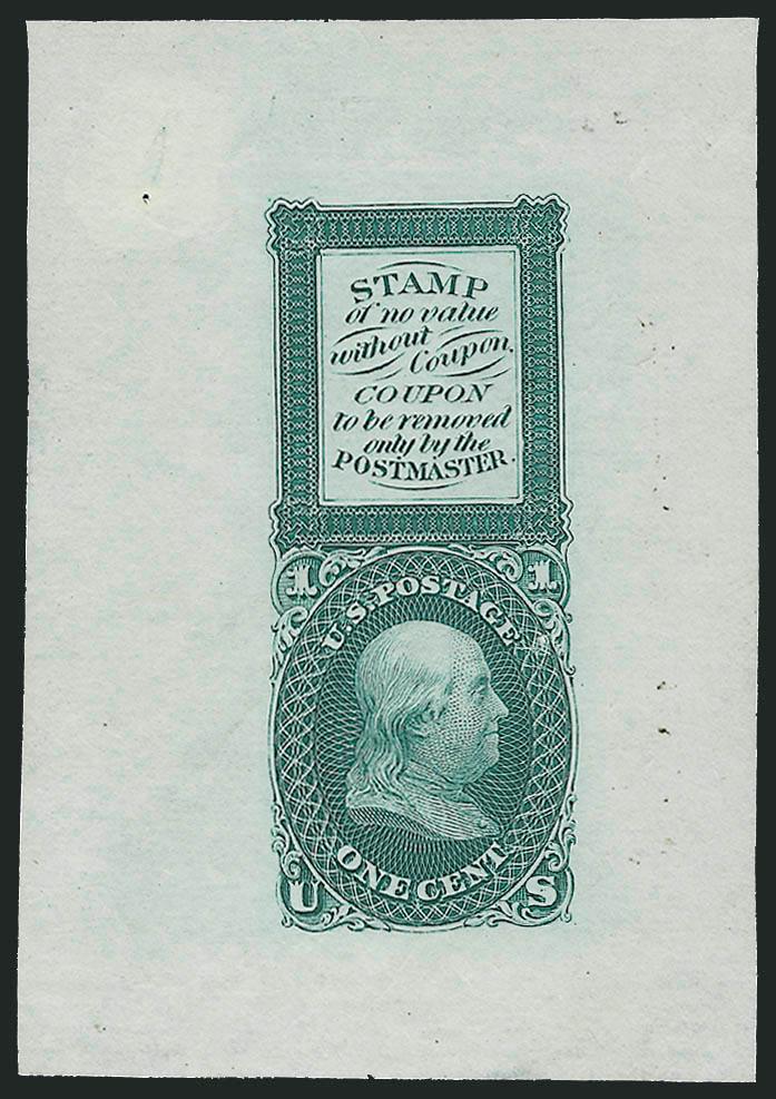 1c Blue Green, Bowlsby Patent Coupon, Die Essay on India (63-E13a).> 48 x 70mm, removed from original card and with thin spot and pinhole at top left, otherwise Fine, ex Lake Shore
