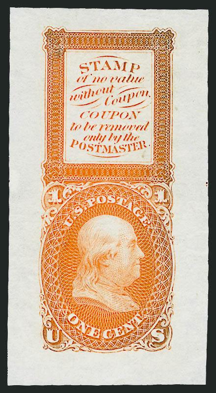 1c Orange, Bowlsby Patent Coupon, Die Essay on India (63-E13a).> 30 x 56mm, color slightly oxidized, small filled thin spots from removal from card, appears Fine, ex Lake Shore