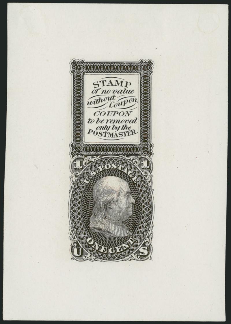 1c Black, Bowlsby Patent Coupon Die Essay on White Glazed Paper (63-E13b).> 53 x 75mm, intense shade and impression, tiny thin spot at top left, appears Very Fine, ex Lake Shore
