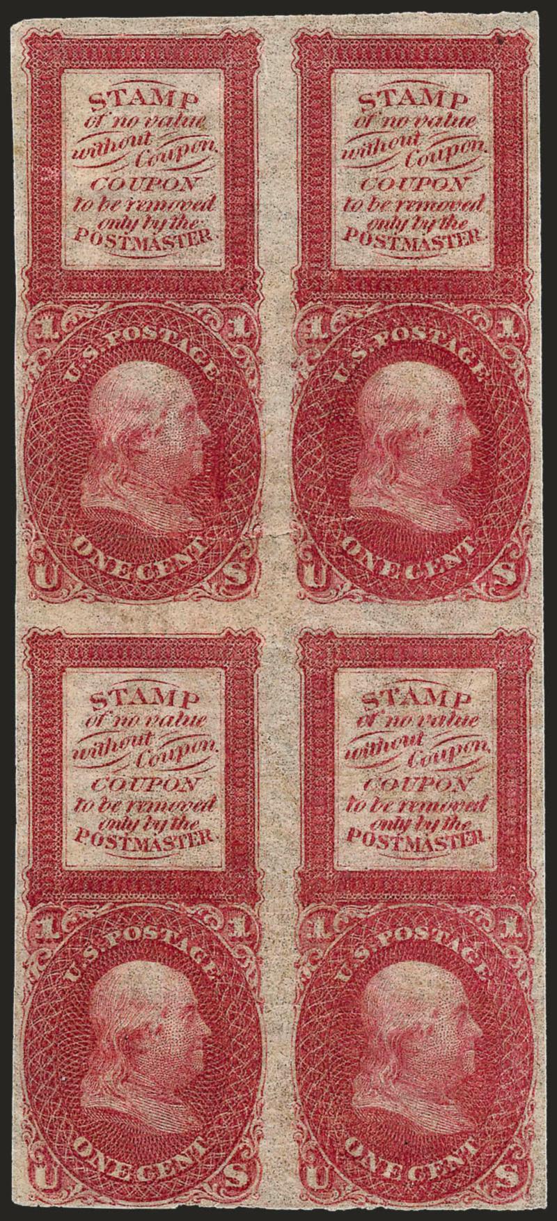 1c Red, Bowlsby Patent Coupon Essays (63-E13c).> Block of four, original gum, h.r., brilliant color, few usual natural paper wrinkles as always found on this fragile paper, Very Fine, scarce multiple, Scott
Retail as singles