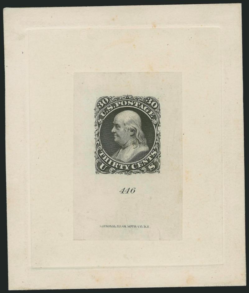 30c Black, First Design, Die Essay on India (71-E2a).> Die sunk on 73 x 87mm card with full die sinkage, imprint and die no. at bottom, pencil note on back lists additions and differences to design, few light
toned spots, otherwise Very Fine, scarce