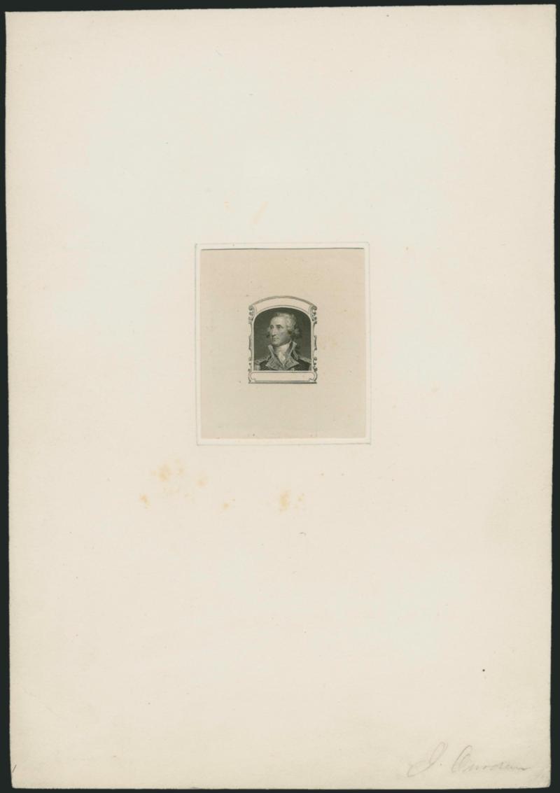 90c Black, Die Essay on Proof Paper (72-E2 var).> 45 x 52mm and mounted on 150 x 215mm card, signed J. Andrews at bottom of card, card with few toned spots, otherwise Very Fine, unusual and rare essay, ex Lake
Shore