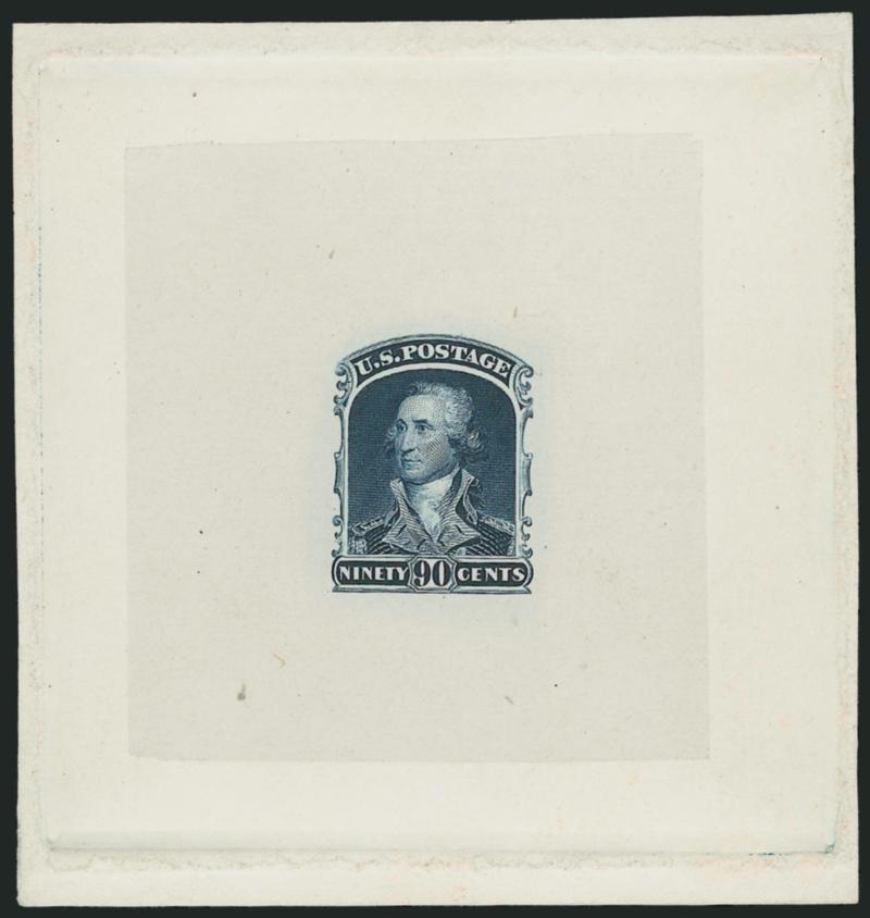 90c Blue, Die Essay on India (72-E5b).> Die sunk on 80 x 84mm card with full die sinkage, deep rich color<><>^FRESH AND VERY FINE. THIS IS THE ONLY EXAMPLE OF THIS ESSAY KNOWN TO US WHICH IS DIE SUNK ON CARD. A
DESIRABLE HIGH-DENOMINATION ESSAY.^<