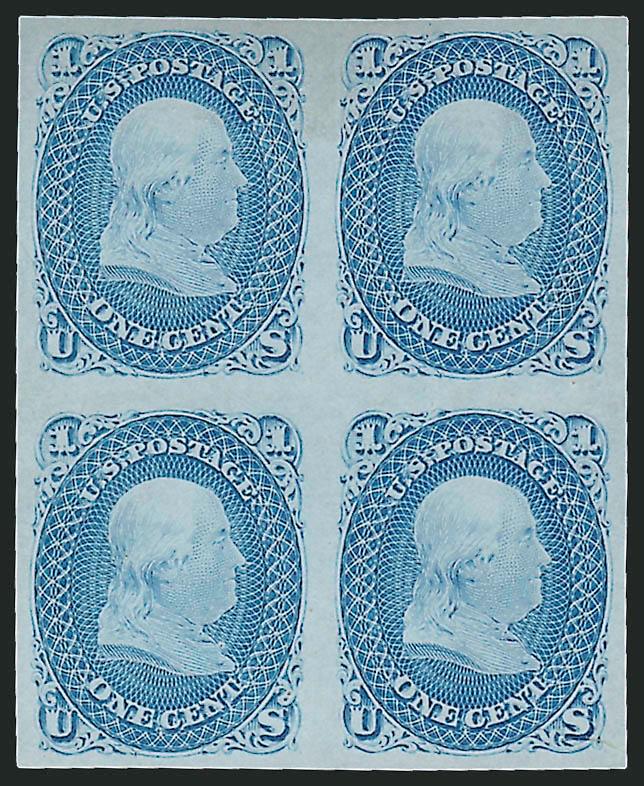 1c Blue, Plate Proof on India (63P3).> Block of four, large margins, bright color, fresh and Extremely Fine